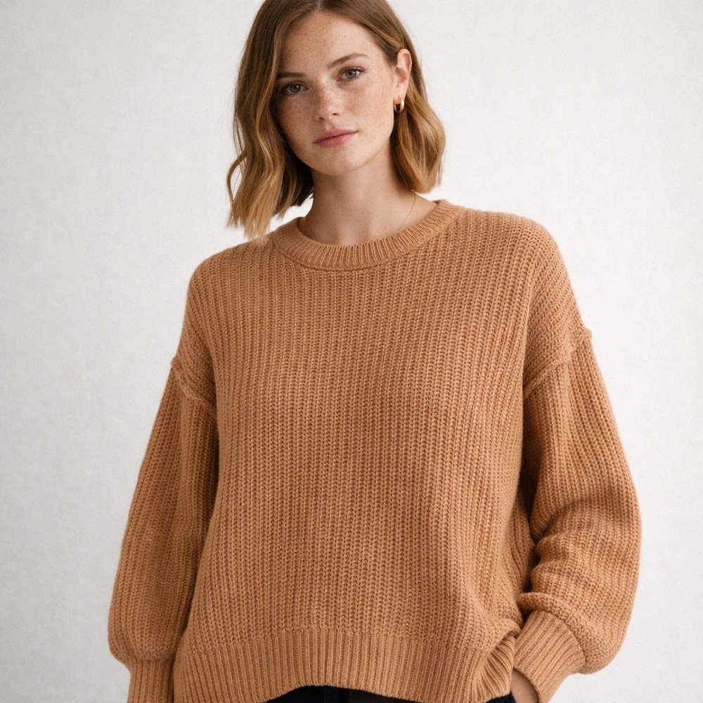 Aerie Camel Textured Knit Sweater Balloon Sleeve Waffle Knit Oversized